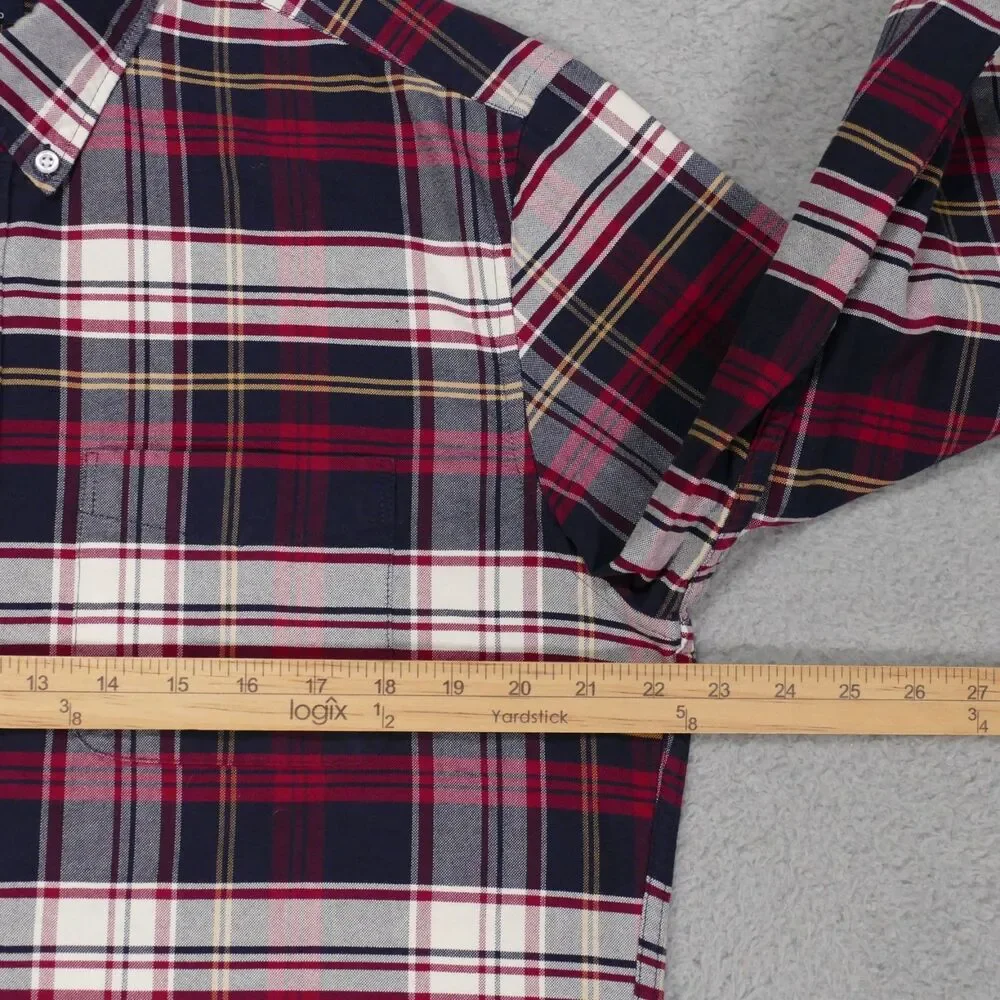 J Crew Oxford Shirt Mens Large SLIM Fit Red Navy Blue Plaid Long Sleeve